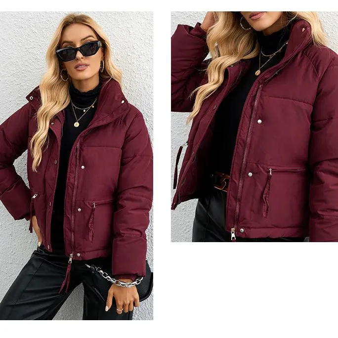 Cropped Zippered Pocket Stand-Up Collar Puffer Jacket