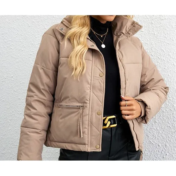 Cropped Zippered Pocket Stand-Up Collar Puffer Jacket