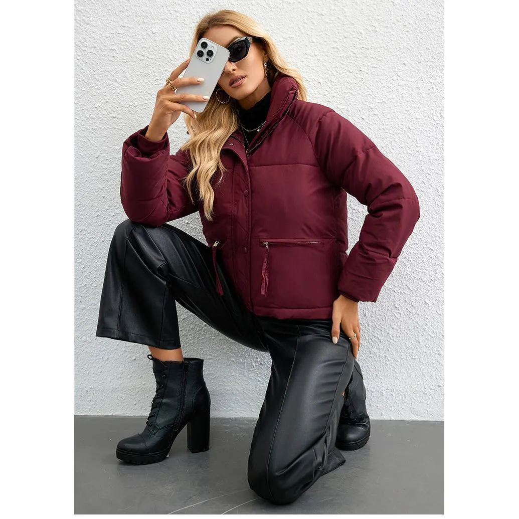 Cropped Zippered Pocket Stand-Up Collar Puffer Jacket