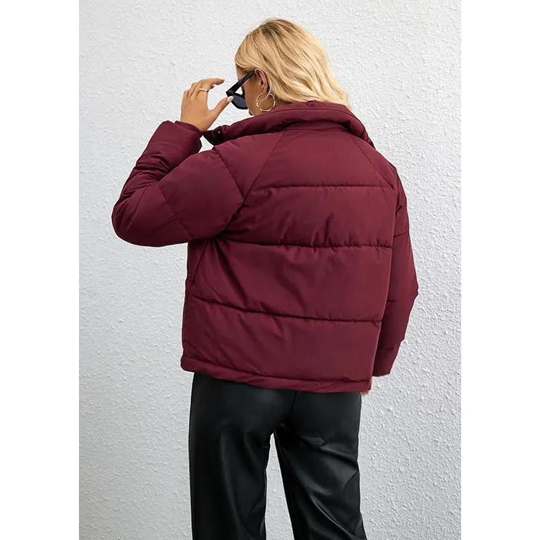 Cropped Zippered Pocket Stand-Up Collar Puffer Jacket