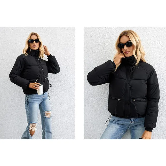 Cropped Zippered Pocket Stand-Up Collar Puffer Jacket