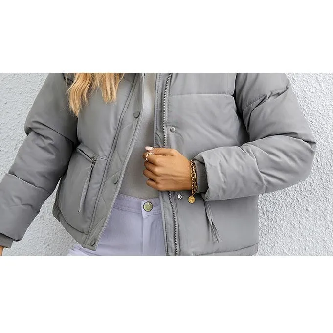 Cropped Zippered Pocket Stand-Up Collar Puffer Jacket