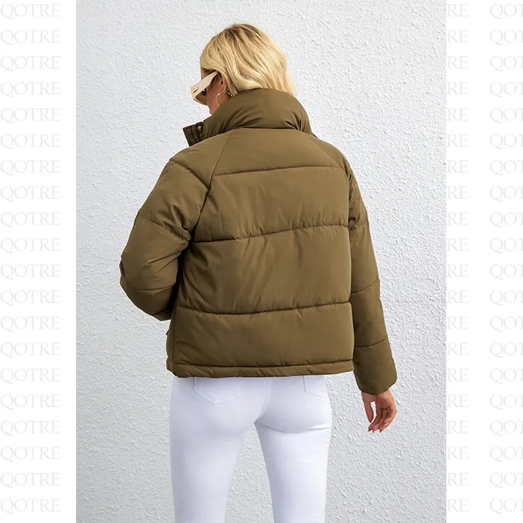 Cropped Zippered Pocket Stand-Up Collar Puffer Jacket