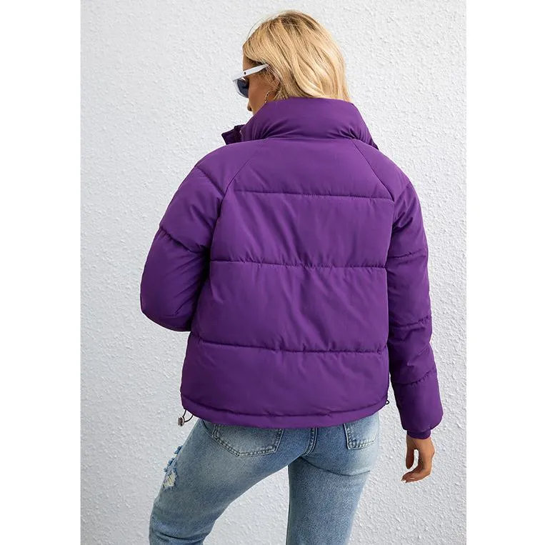 Cropped Zippered Pocket Stand-Up Collar Puffer Jacket