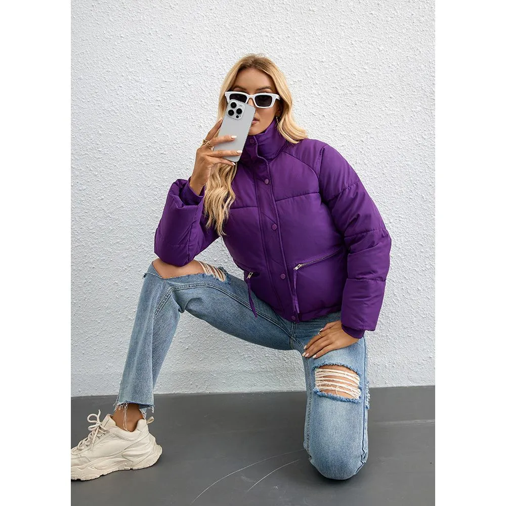 Cropped Zippered Pocket Stand-Up Collar Puffer Jacket