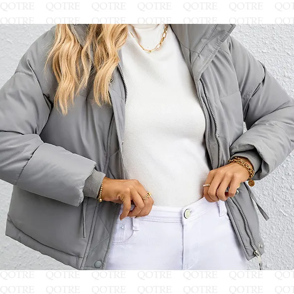 Cropped Zippered Pocket Stand-Up Collar Puffer Jacket