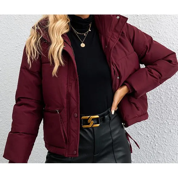 Cropped Zippered Pocket Stand-Up Collar Puffer Jacket