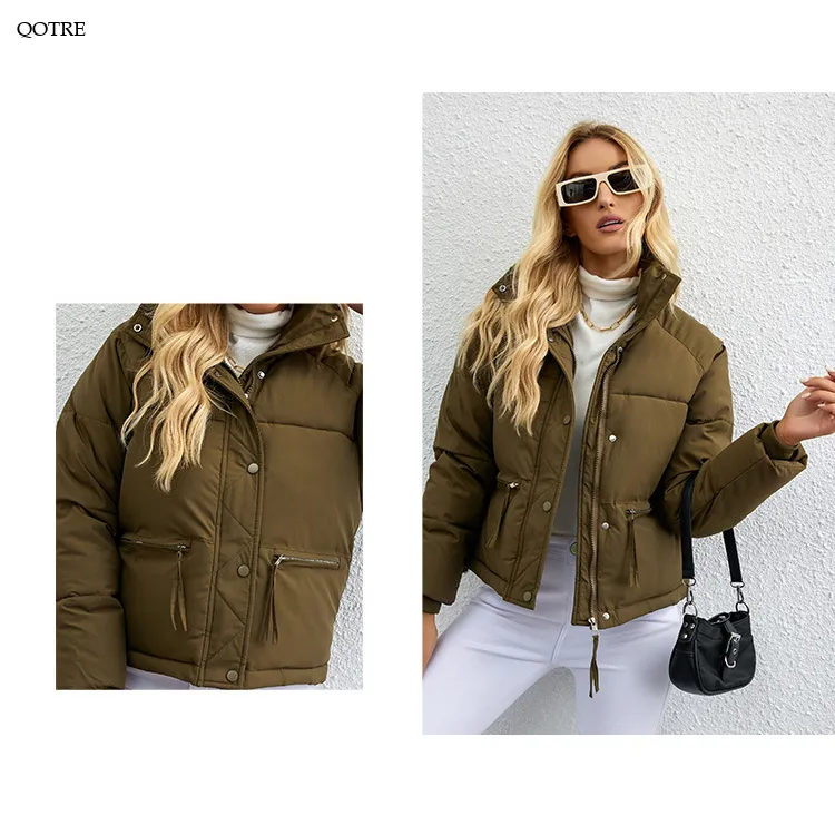 Cropped Zippered Pocket Stand-Up Collar Puffer Jacket