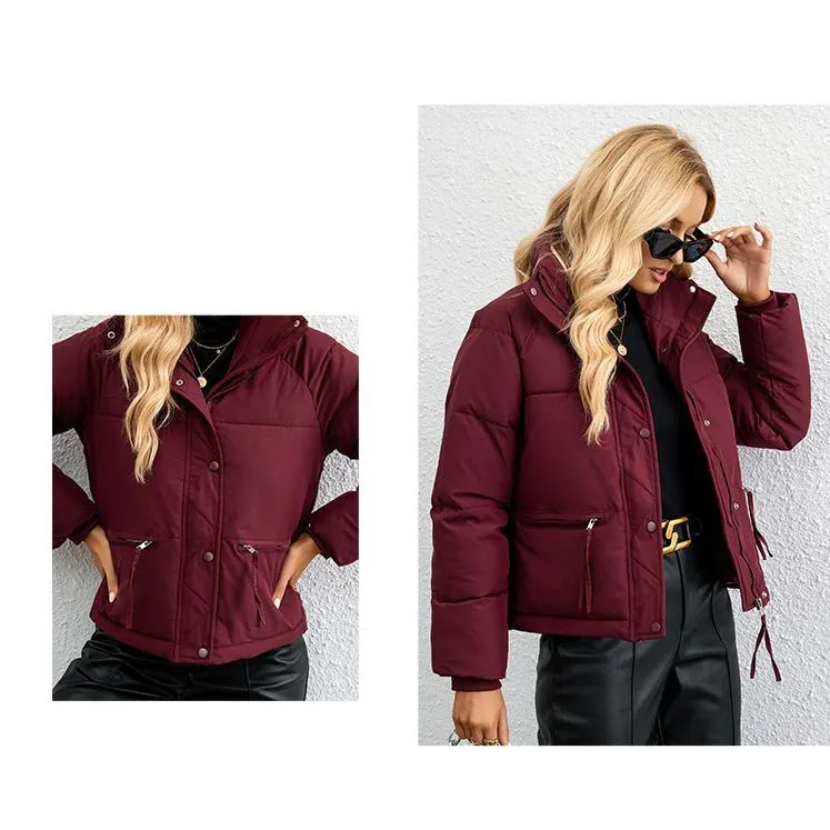 Cropped Zippered Pocket Stand-Up Collar Puffer Jacket