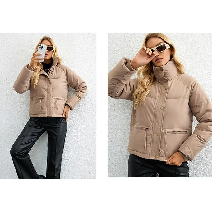 Cropped Zippered Pocket Stand-Up Collar Puffer Jacket