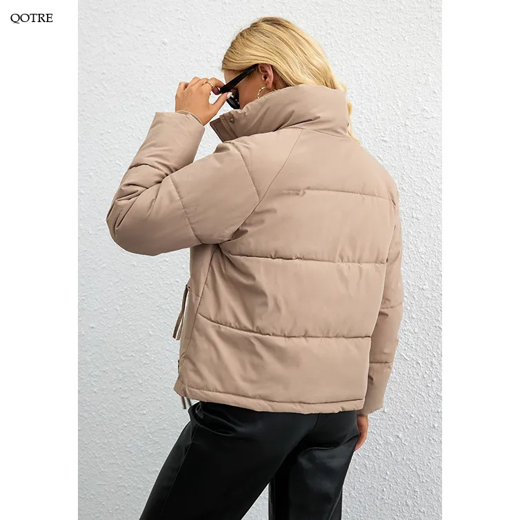 Cropped Zippered Pocket Stand-Up Collar Puffer Jacket