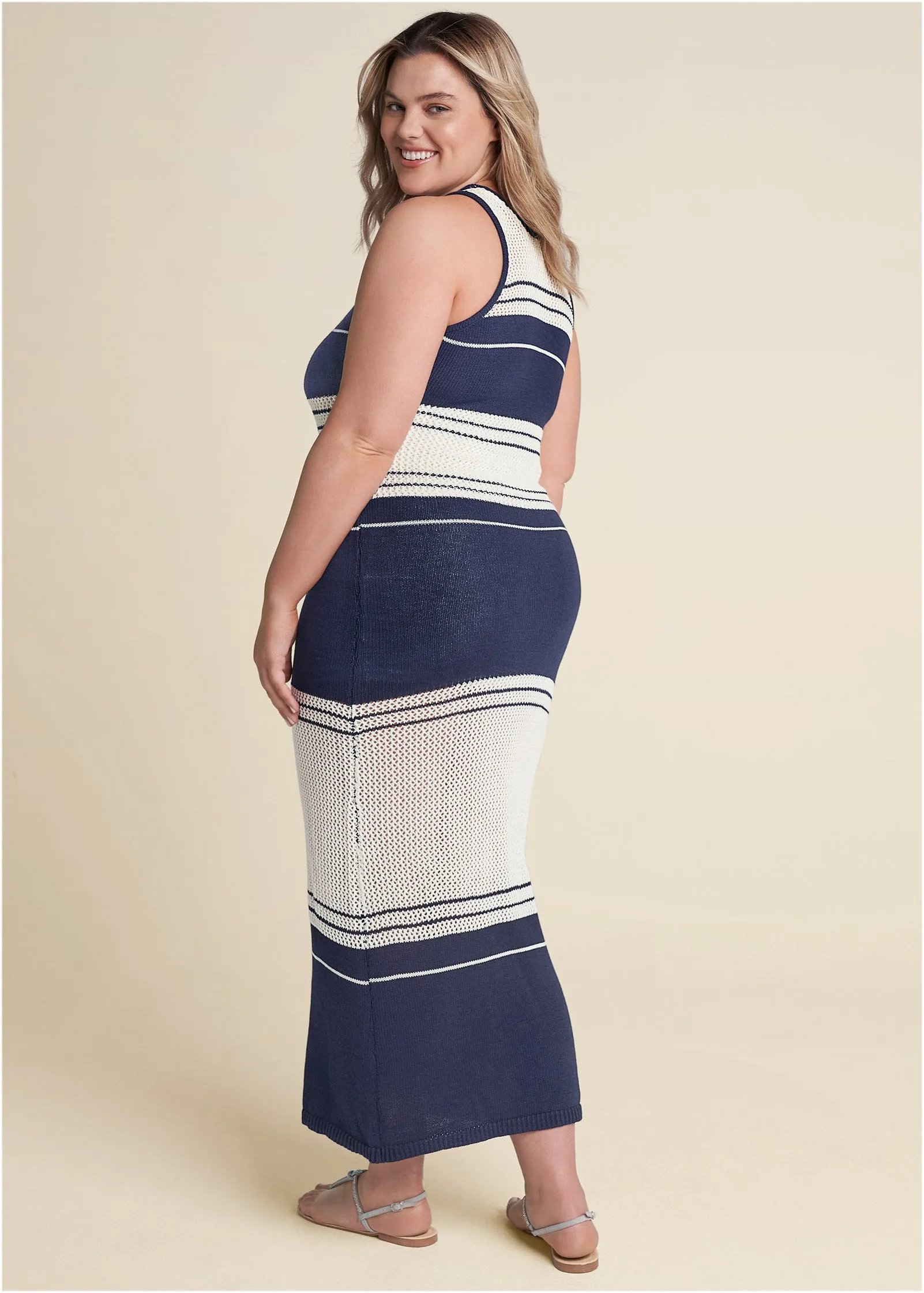 Crotchet Tank Maxi - Off White & Navy