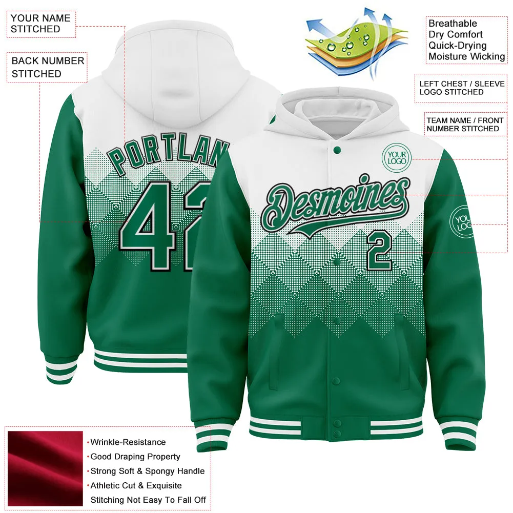 Custom White Kelly Green-Black Gradient Square Shape 3D Pattern Design Bomber Full-Snap Varsity Letterman Hoodie Jacket