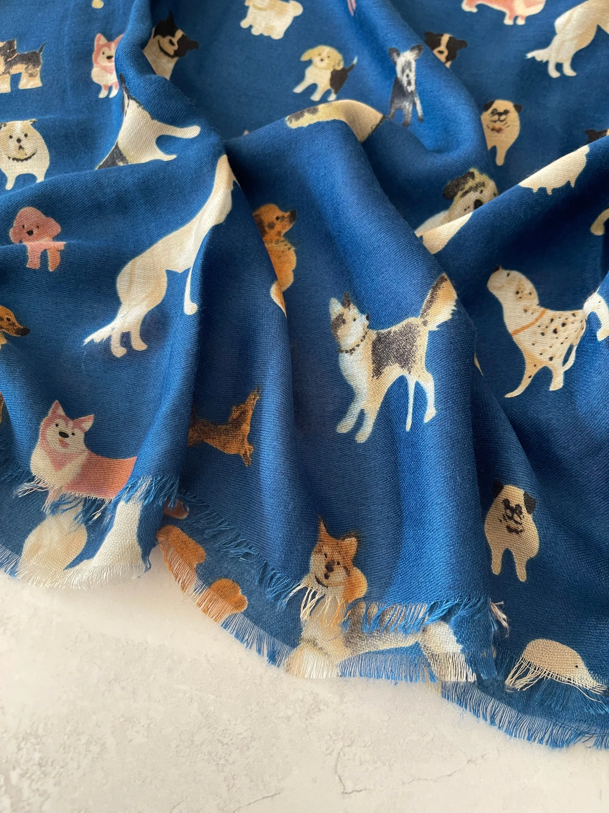 DEEP BLUE COTTON BLEND DOG PRINT LIGHTWEIGHT SCARF