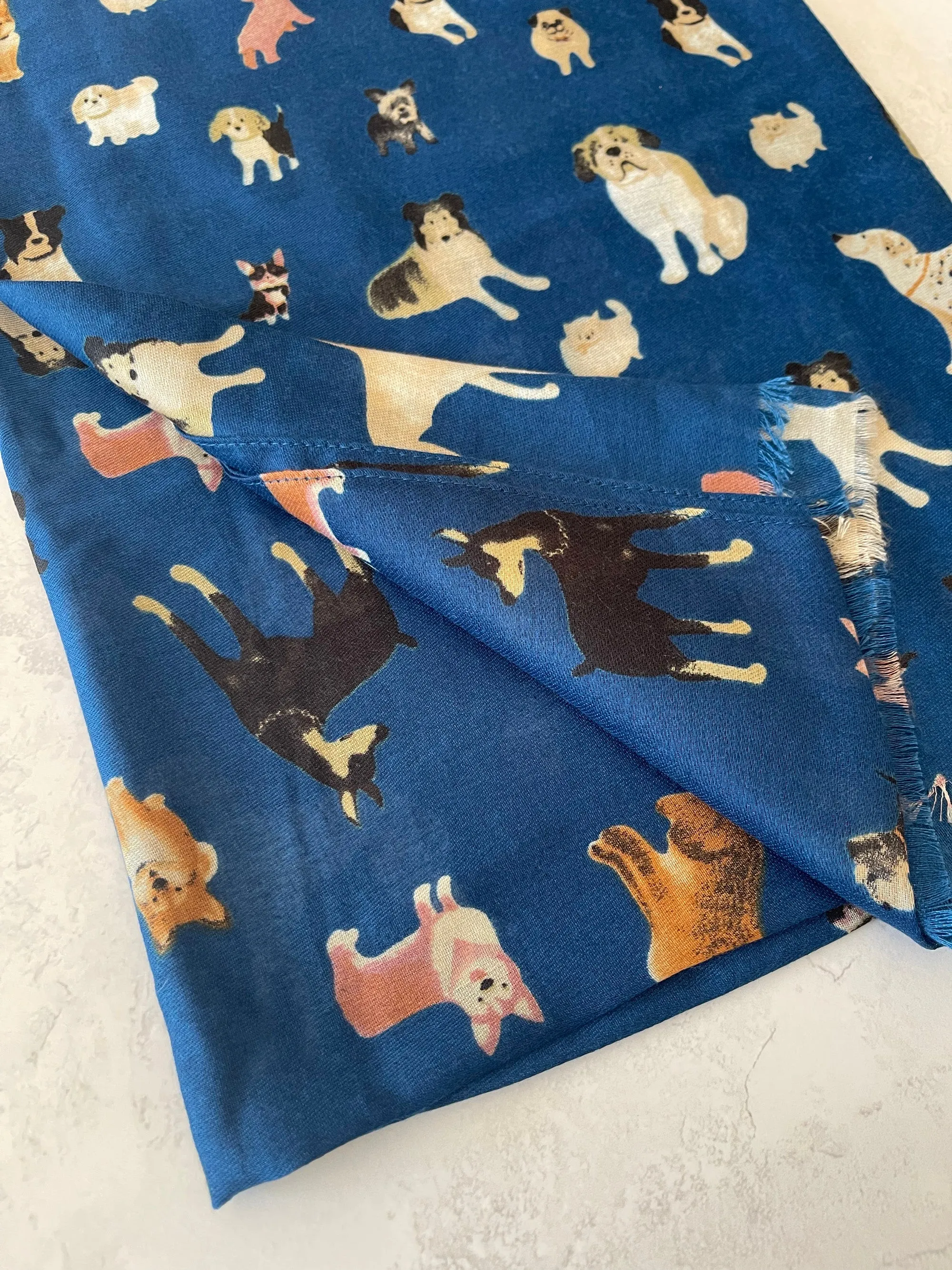 DEEP BLUE COTTON BLEND DOG PRINT LIGHTWEIGHT SCARF