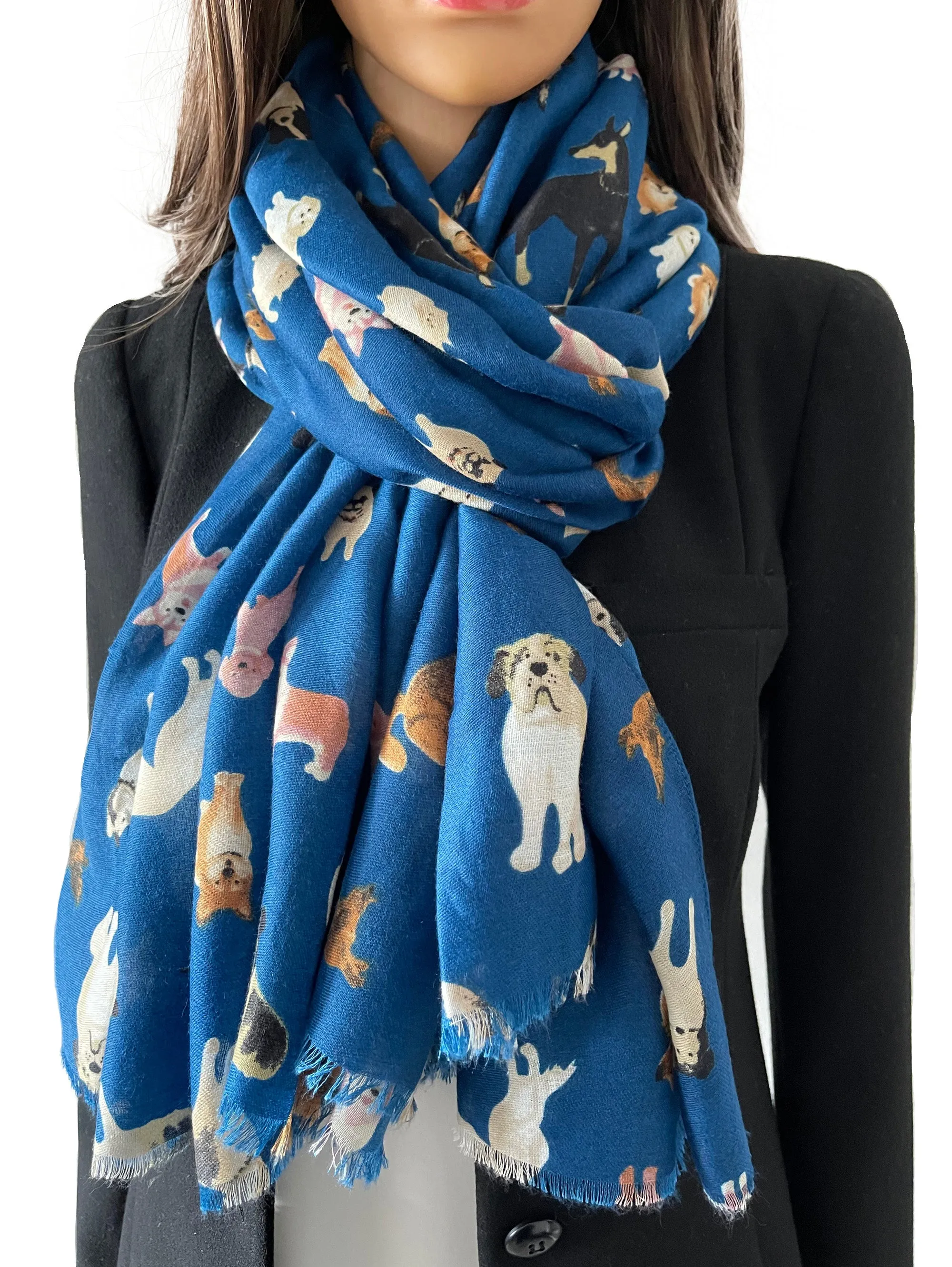 DEEP BLUE COTTON BLEND DOG PRINT LIGHTWEIGHT SCARF