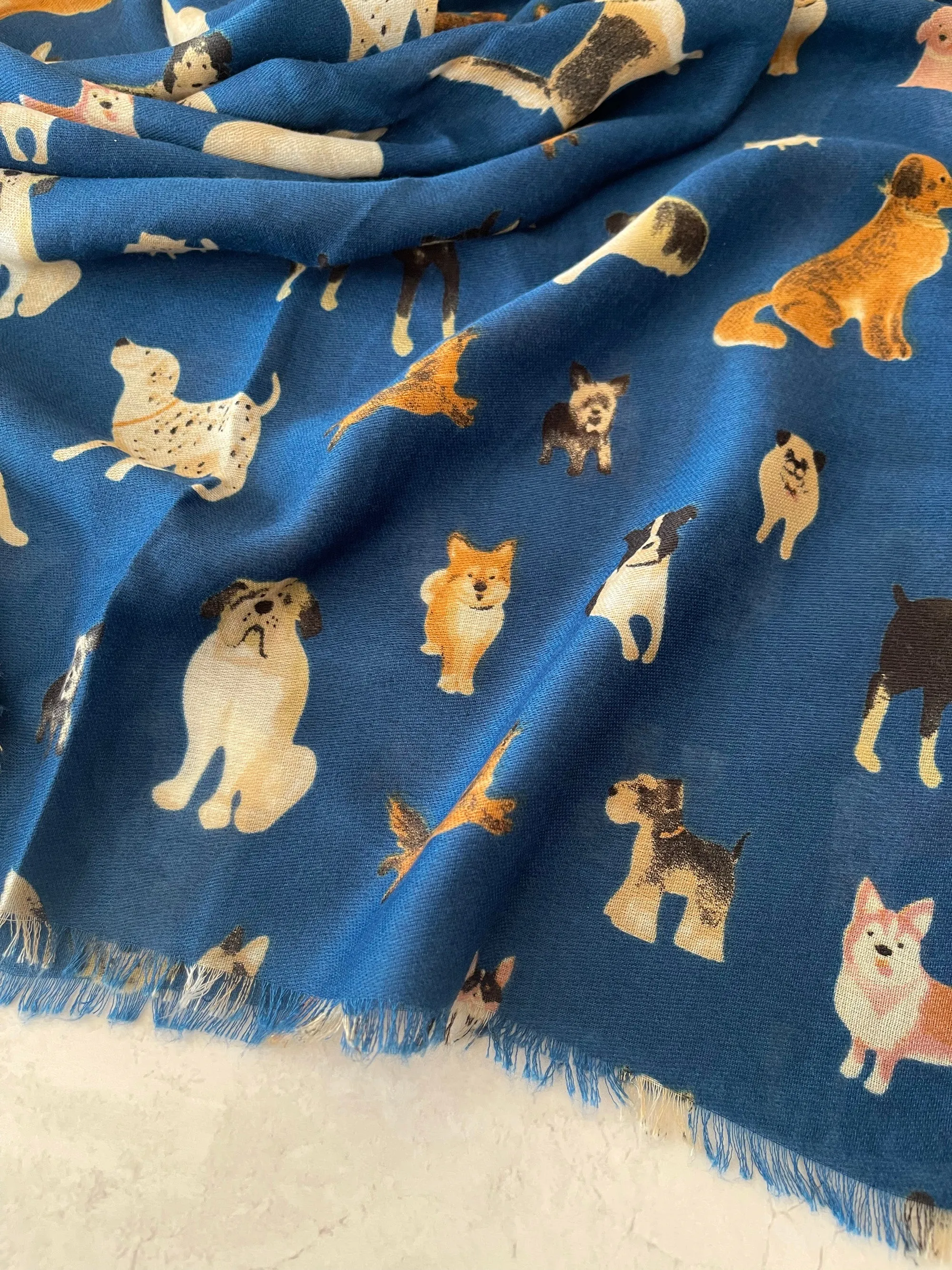 DEEP BLUE COTTON BLEND DOG PRINT LIGHTWEIGHT SCARF