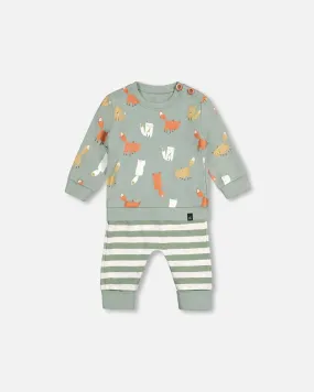 DPD Organic Cotton Fox Top and Stripe Sage Green Pants Set