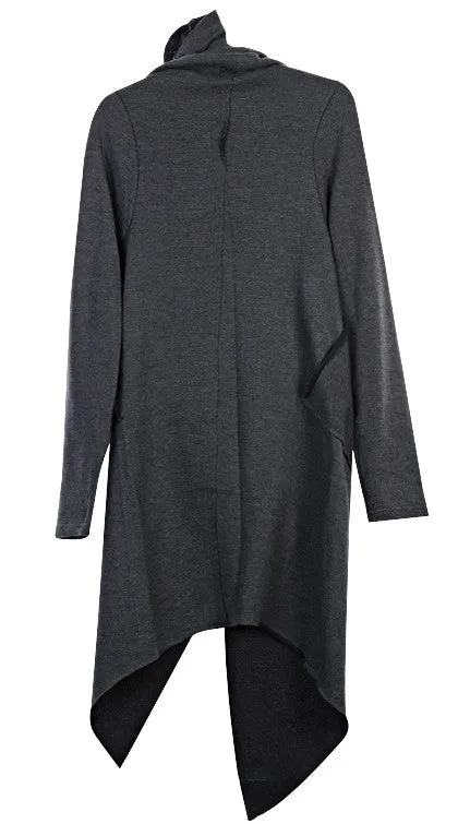 Drape Front Long Zip Up Jersey mix Pocket Dark Hooded Cape Sweatshirt