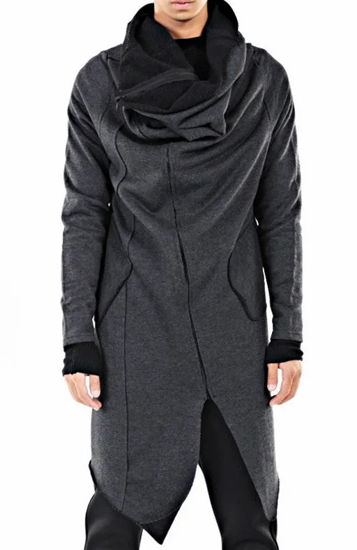 Drape Front Long Zip Up Jersey mix Pocket Dark Hooded Cape Sweatshirt