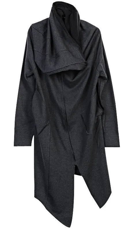 Drape Front Long Zip Up Jersey mix Pocket Dark Hooded Cape Sweatshirt