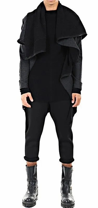 Drape Front Long Zip Up Jersey mix Pocket Dark Hooded Cape Sweatshirt