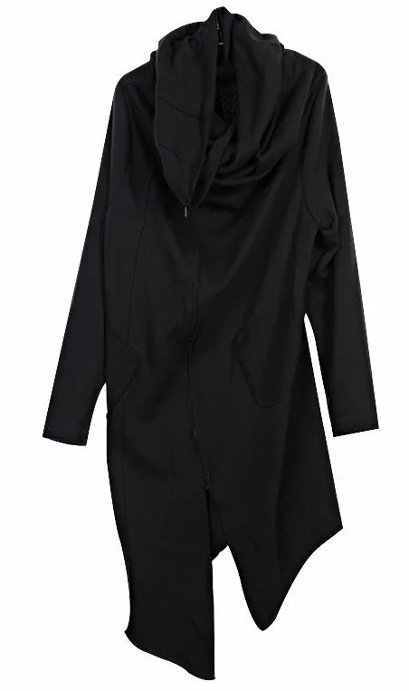 Drape Front Long Zip Up Jersey mix Pocket Dark Hooded Cape Sweatshirt