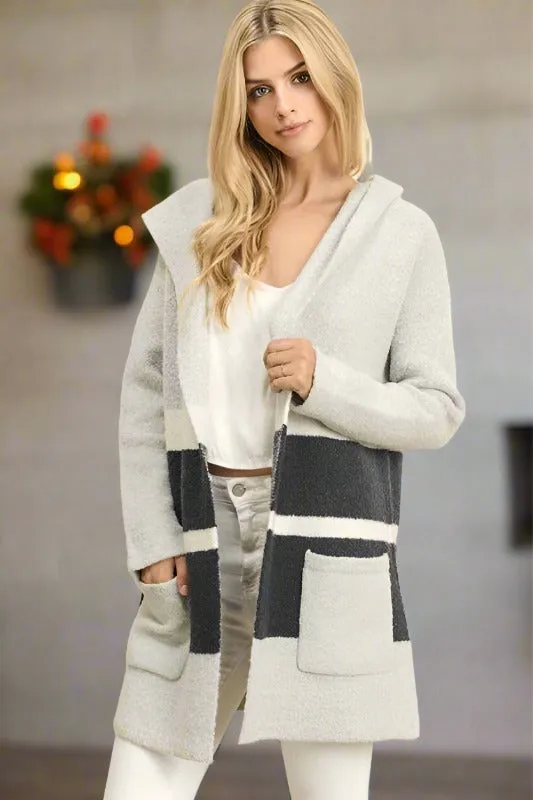 Dress Forum Oversized Hooded Cardigan - Light Gray / Navy