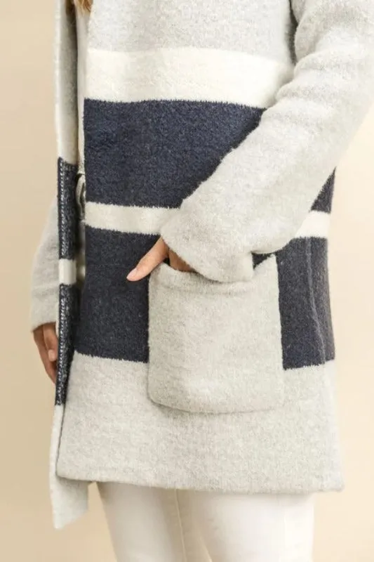 Dress Forum Oversized Hooded Cardigan - Light Gray / Navy