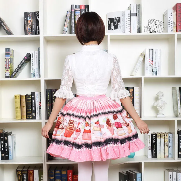 Fancy Mori Girl Short Skirt Sweet Pink Cup Cake Printed Lolita Pleated Skirt