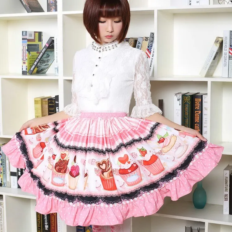 Fancy Mori Girl Short Skirt Sweet Pink Cup Cake Printed Lolita Pleated Skirt