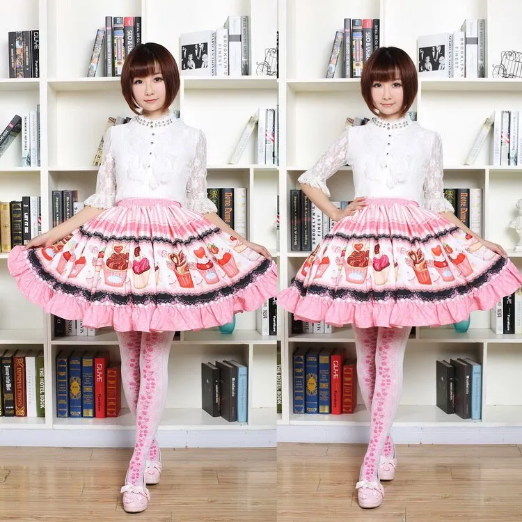 Fancy Mori Girl Short Skirt Sweet Pink Cup Cake Printed Lolita Pleated Skirt