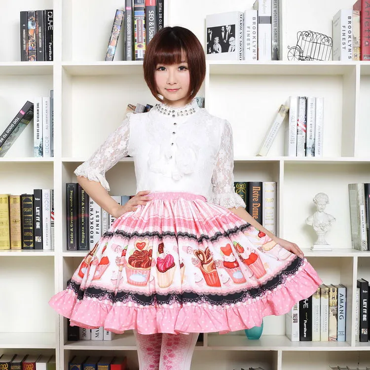 Fancy Mori Girl Short Skirt Sweet Pink Cup Cake Printed Lolita Pleated Skirt