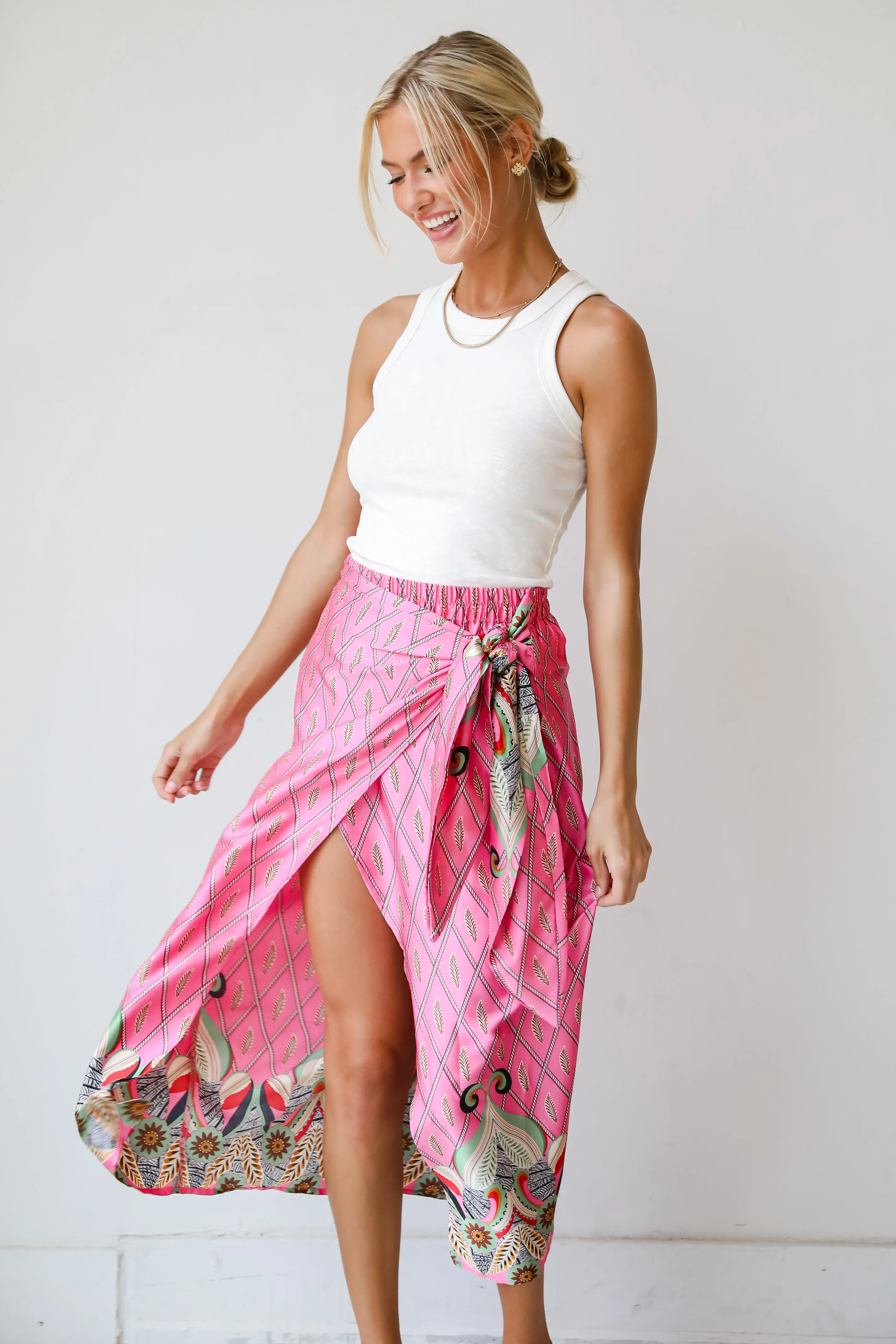 FINAL SALE - Exceptional Attitude Pink Satin Wrap Midi Skirt