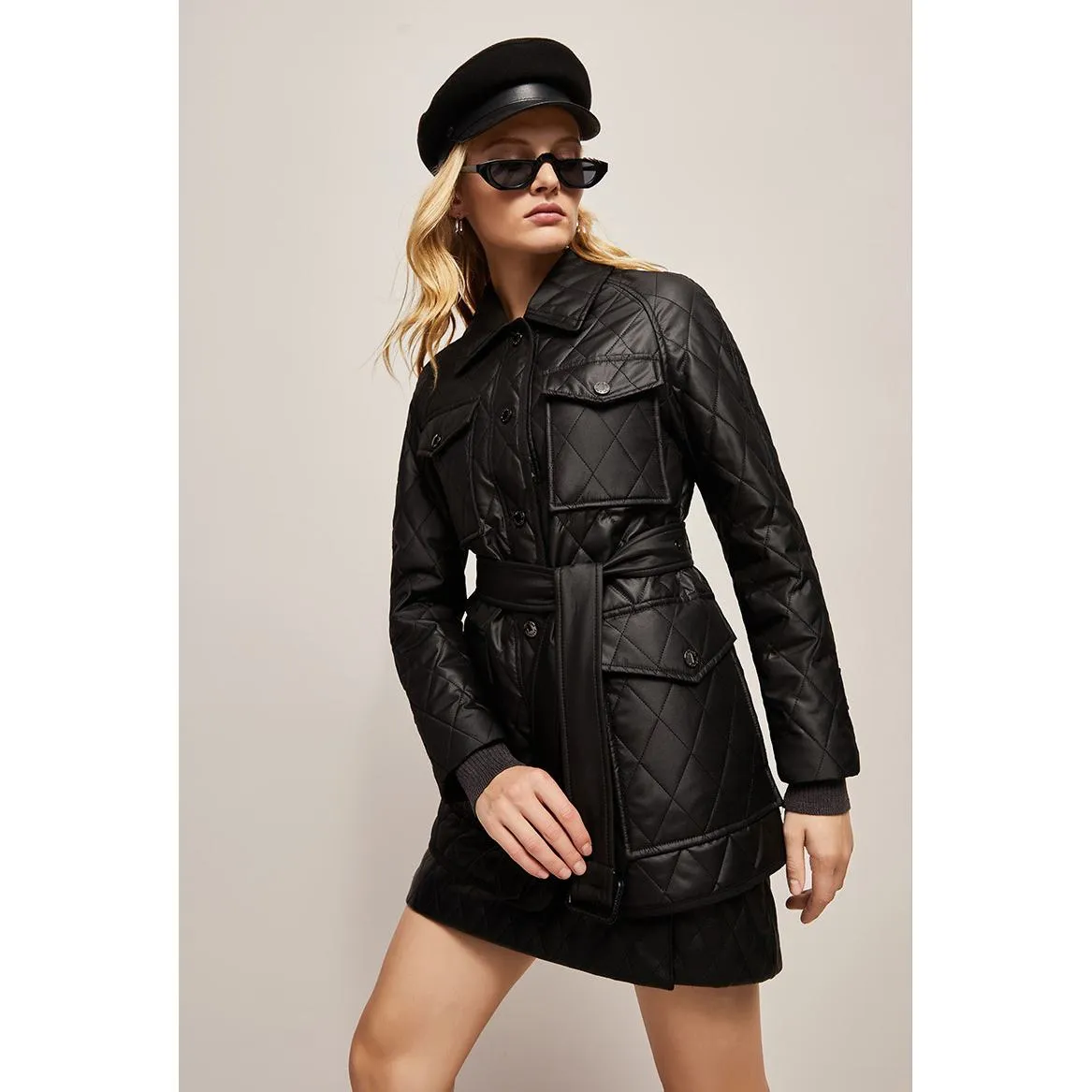 Flap Pocket Quilted Belted Puffer Jacket