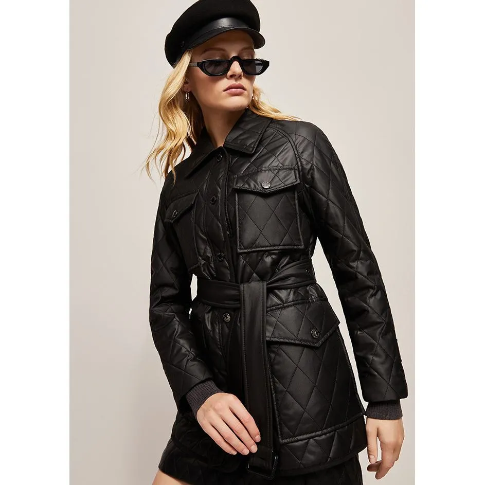 Flap Pocket Quilted Belted Puffer Jacket