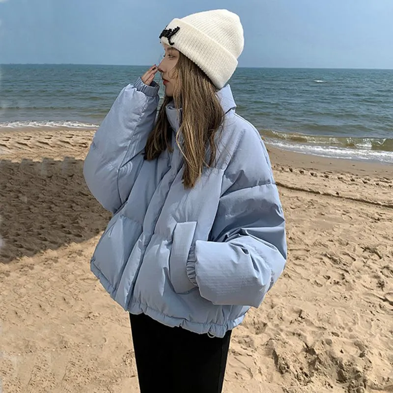 Full Zip Cropped Loose Fit Solid Puffer Jacket