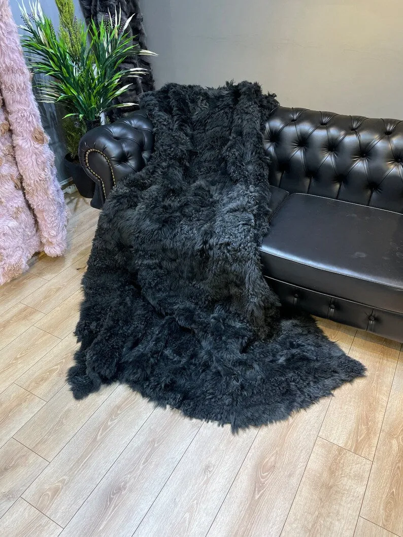 Genuine Leather Cozy Black Throw & Blanket, Sheepskin Fur Throw Shawl Blanket