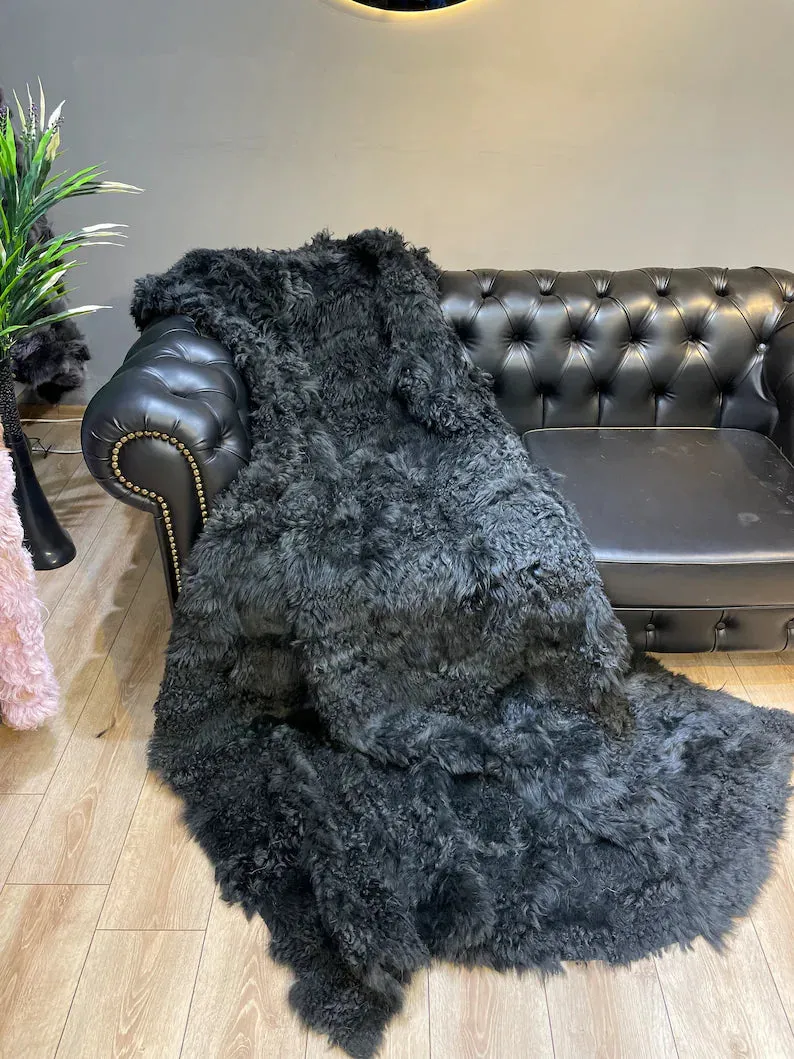 Genuine Leather Cozy Black Throw & Blanket, Sheepskin Fur Throw Shawl Blanket