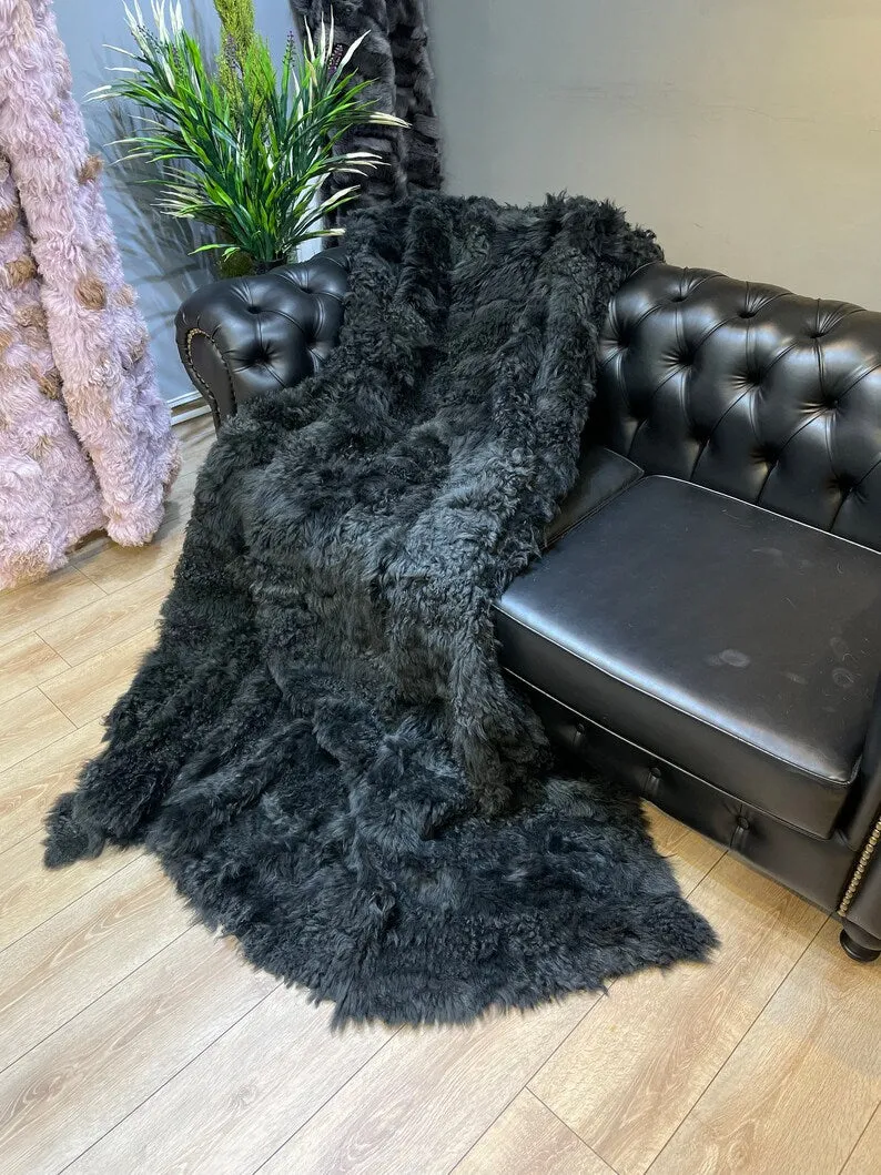 Genuine Leather Cozy Black Throw & Blanket, Sheepskin Fur Throw Shawl Blanket