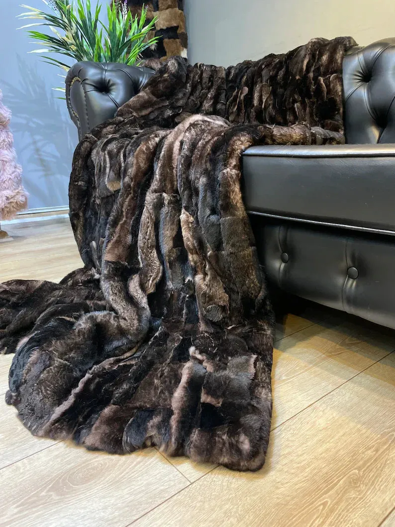 Genuine Rabbit Fur Blanket, Natural Handmade Personalized Fur Shawl Blanket