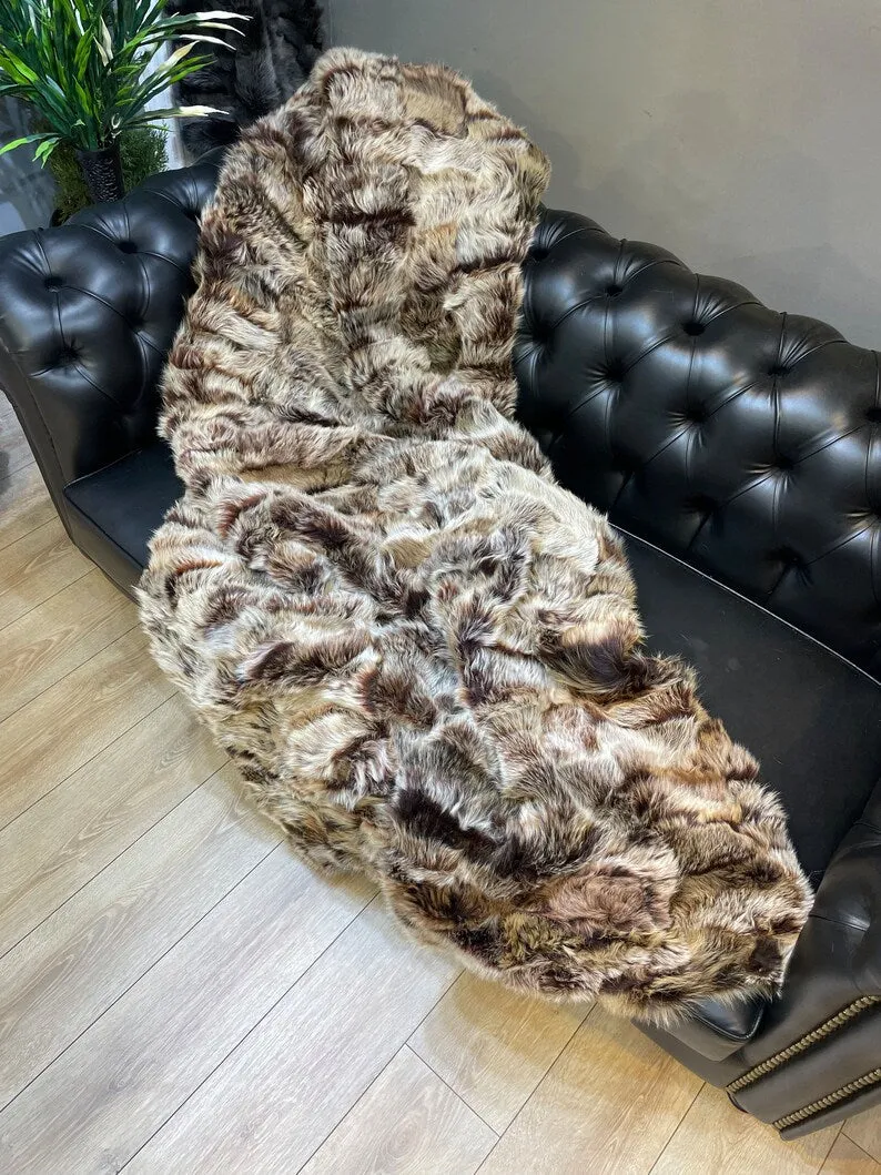 Genuine Real Fur Brown Sheepskin Blanket, Shawl Cozy Natural Fur Throw