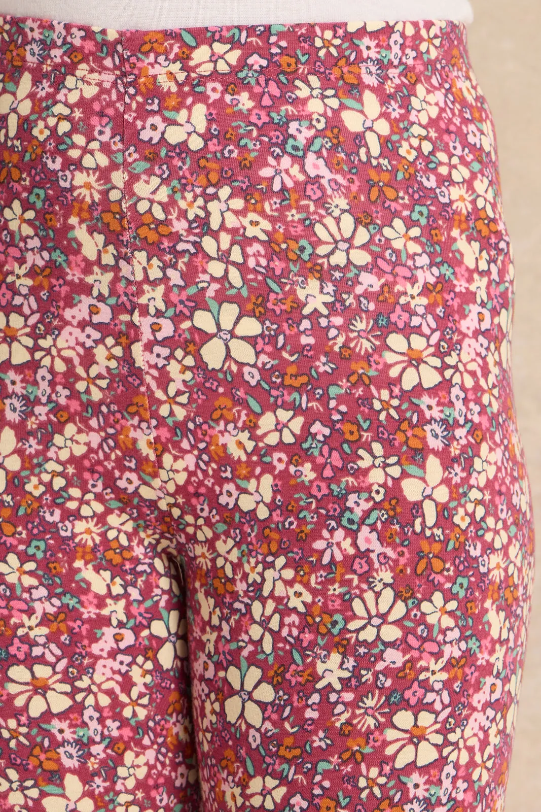 Girls Burgundy Floral Print Leggings