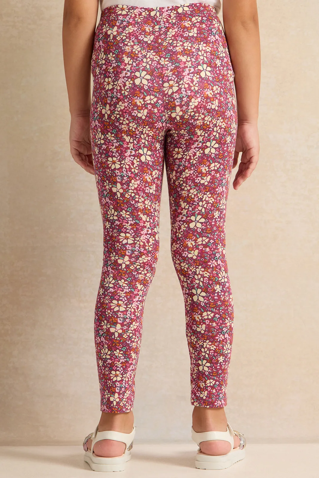 Girls Burgundy Floral Print Leggings