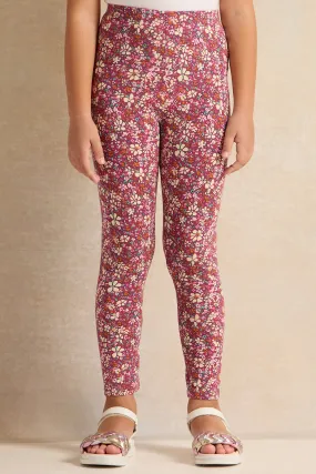 Girls Burgundy Floral Print Leggings