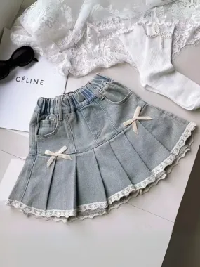 Girls Fashionable Pleated Denim Skirt with Lace Trim and Bows