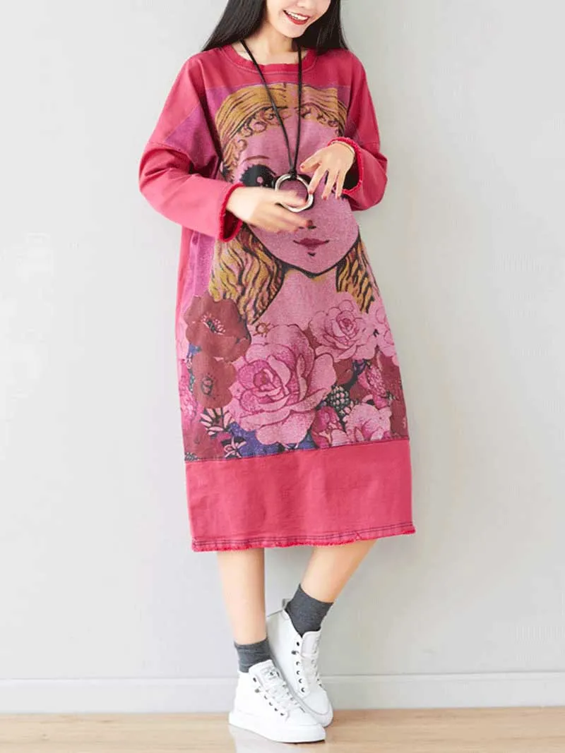 Give Me a Memory Round Neck Cartoon Sweater Midi Dress