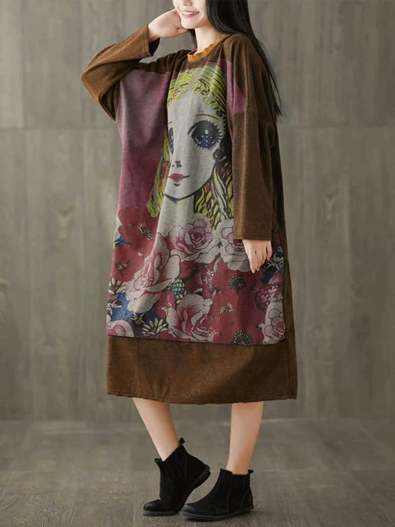 Give Me a Memory Round Neck Cartoon Sweater Midi Dress