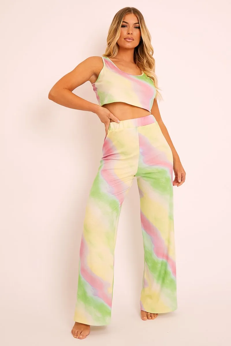 Green Tie-Dye Ribbed Vest Loungewear Co-ord - Alaire