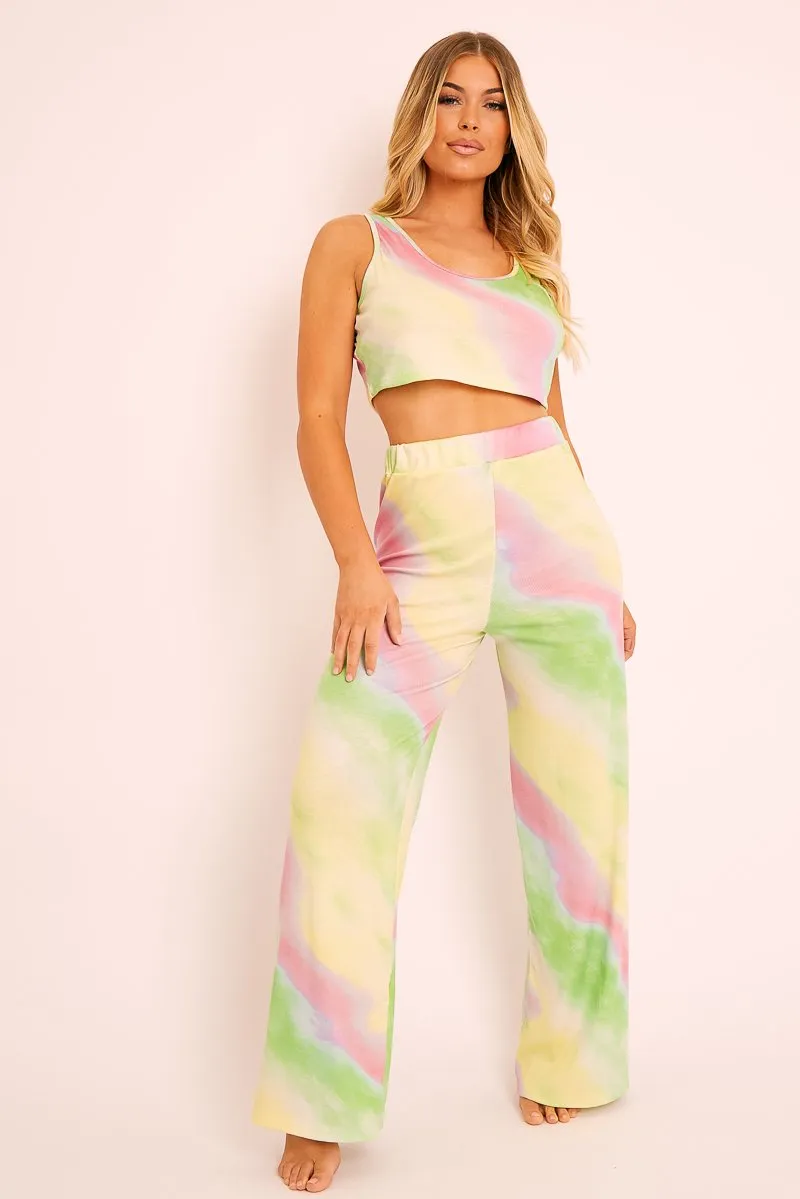 Green Tie-Dye Ribbed Vest Loungewear Co-ord - Alaire